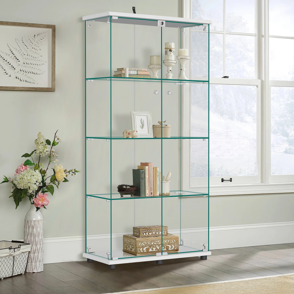 Glass Display Cabinet with Double Door, 4-Tier Curio Cabinet Collection Showcase, White, 64.5"x32"x14.4"