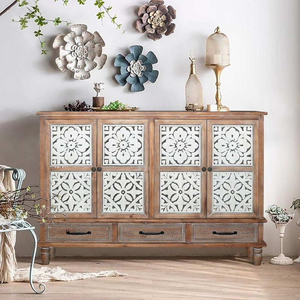 Accent Cabinet with 4 Doors & 3 Drawers, Hollow Carved Storage Sideboard, Wood Buffet Cabinet for Living Room, Dining Room