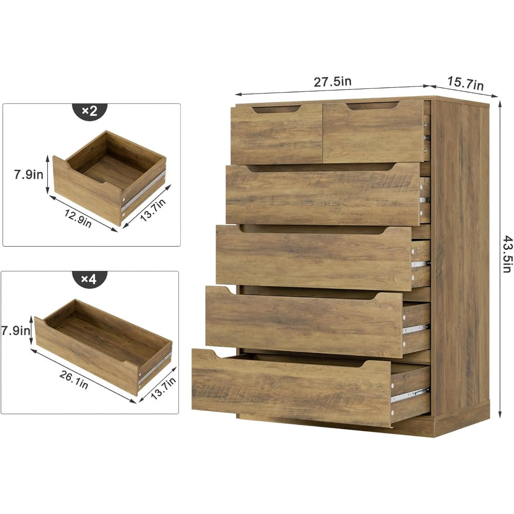 Modern 6 Drawer Dresser for Bedroom, Tall Chest of Drawers with Storage, Large Wood Storage Chest Organizers with Cut-Ou