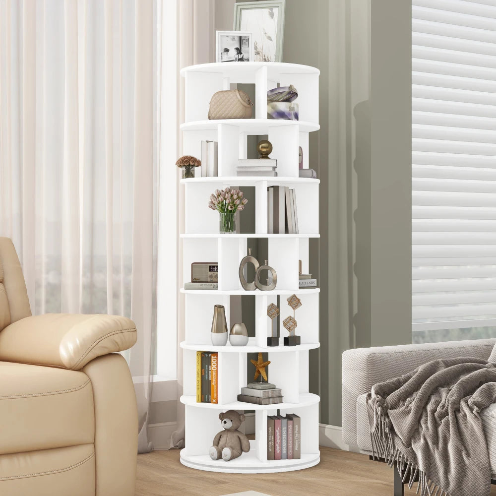 ON-TREND Φ23.6'' Rotating Shoe Rack Tower, 7-Tier Spinning Shoe Shelf with 5 Grids Per Layer, Display Rack, 360° Revolving Shoe