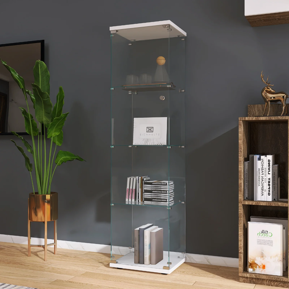4-Shelf Glass Display Cabinet with Glass Doors,Floor Standing Curio Bookshelf Collection Display Case for Living Room Bedroom