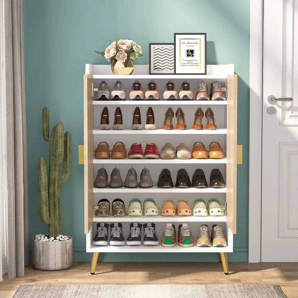 Shoe Cabinet with Doors, 7-Tier Shoe Storage Cabinet with Adjustable Shelves, Wooden Shoes Rack Shoe Storage Organize