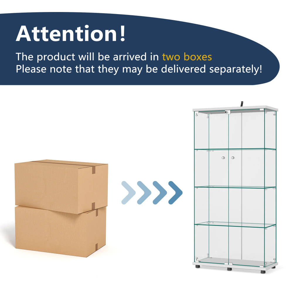 Glass Display Cabinet with Double Door, 4-Tier Curio Cabinet Collection Showcase, White, 64.5"x32"x14.4"
