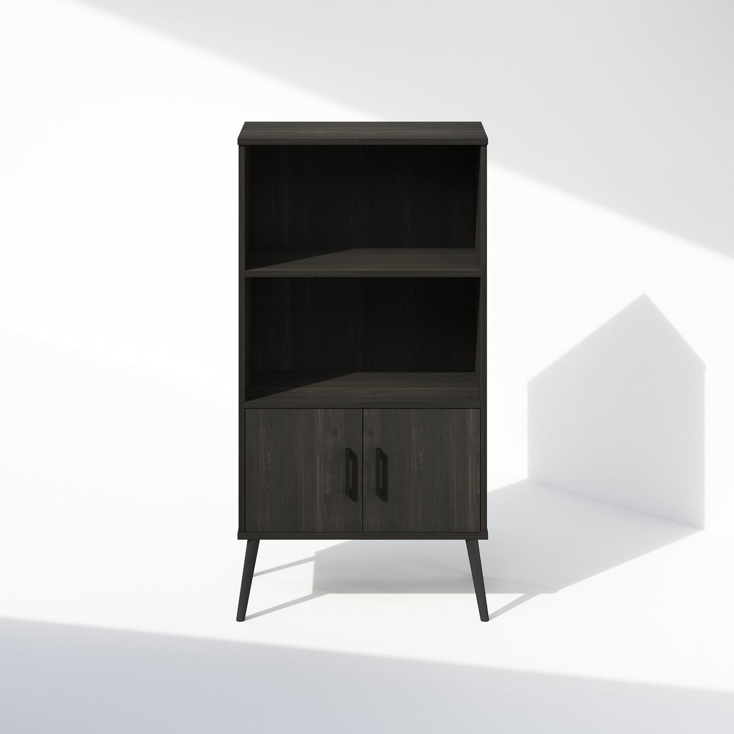 Mid-Century Open Display Shelves & Storage Cabinet with Wooden Legs, Espresso