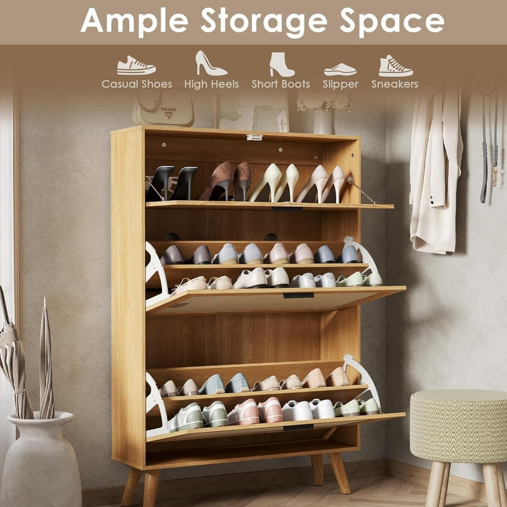 Shoe Cabinet, Entryway Shoe Cabinet with 2 Flip Drawers and Hidden Cabinet, Boho Shoe Organizer Cabinet, Wooden Shoe Storage
