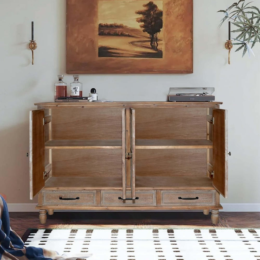 Accent Cabinet with 4 Doors & 3 Drawers, Hollow Carved Storage Sideboard, Wood Buffet Cabinet for Living Room, Dining Room