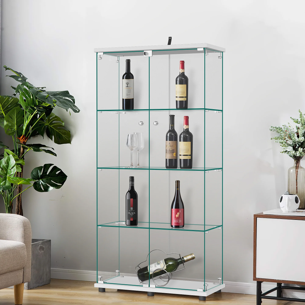 Glass Display Cabinet with Double Door, 4-Tier Curio Cabinet Collection Showcase, White, 64.5"x32"x14.4"