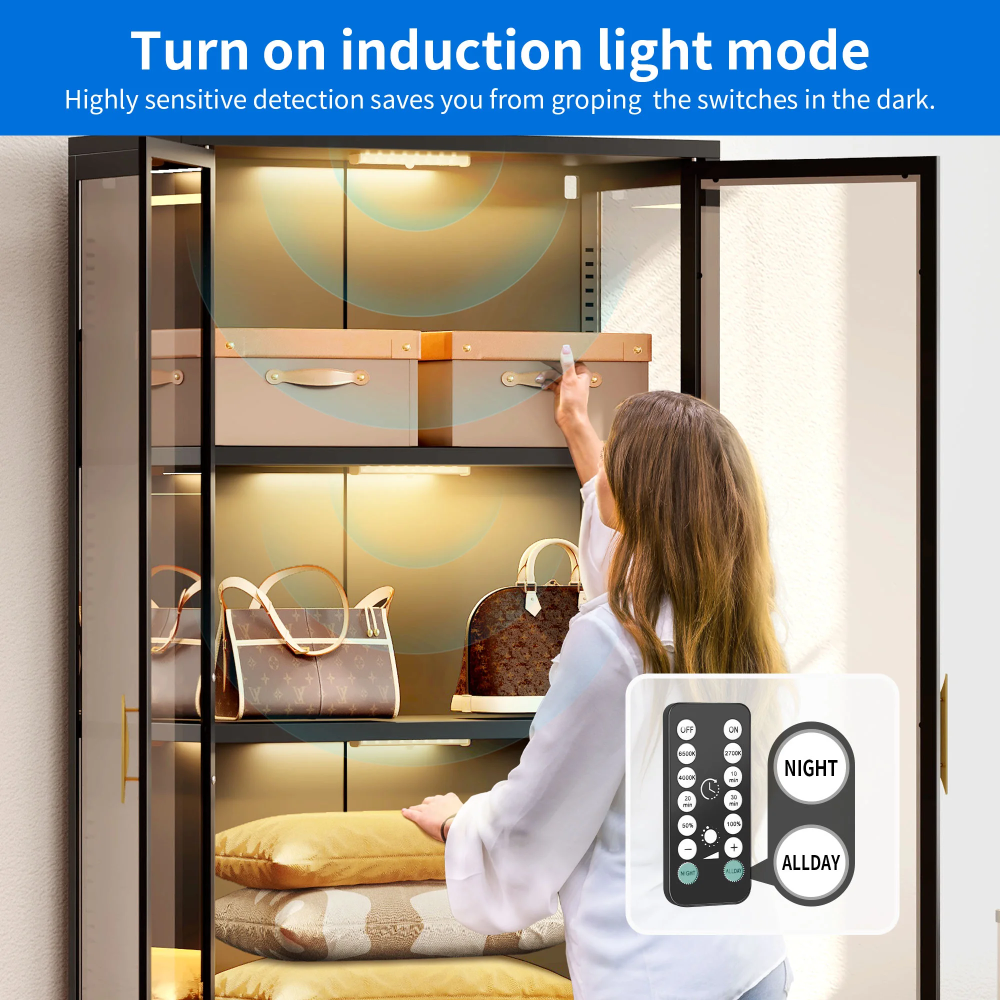 71.8" H Tall Storage Cabinet with LED Light, Display Cabinet with Glass Door, Curio Cabinet Trophy Display Case