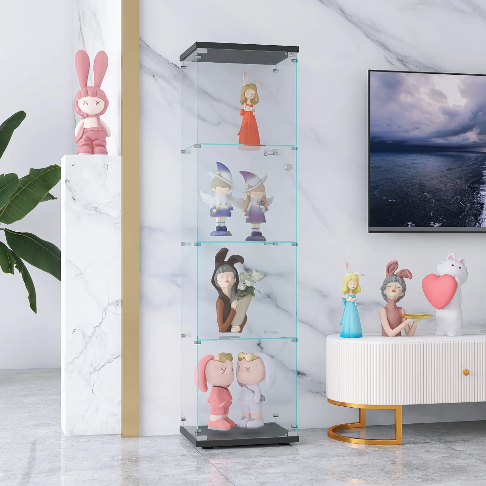 4-Shelf Glass Display Cabinet with Glass Doors,Floor Standing Curio Bookshelf Collection Display Case for Living Room Bedroom