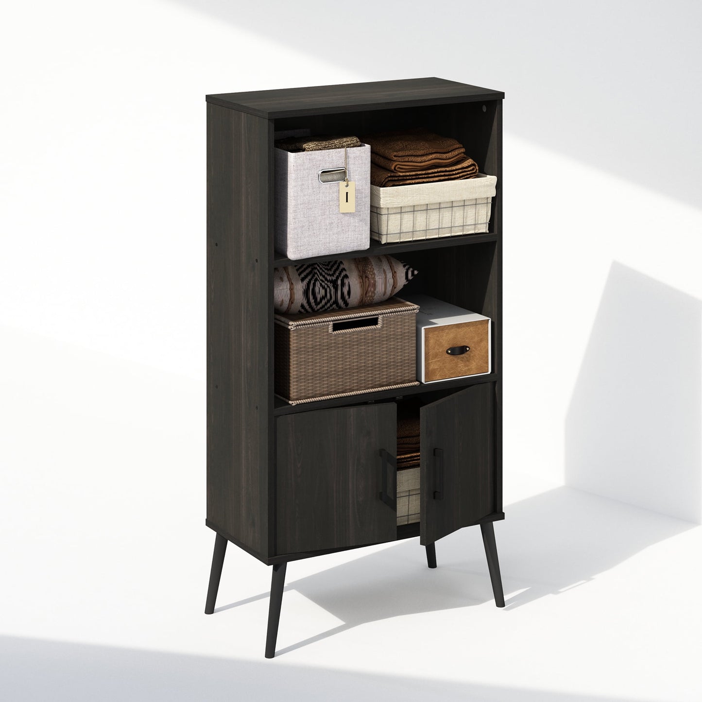 Mid-Century Open Display Shelves & Storage Cabinet with Wooden Legs, Espresso