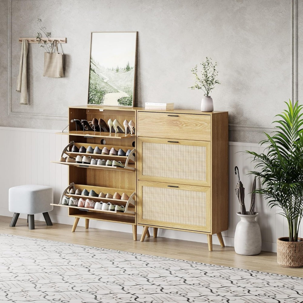 Shoe Cabinet, Entryway Shoe Cabinet with 2 Flip Drawers and Hidden Cabinet, Boho Shoe Organizer Cabinet, Wooden Shoe Storage