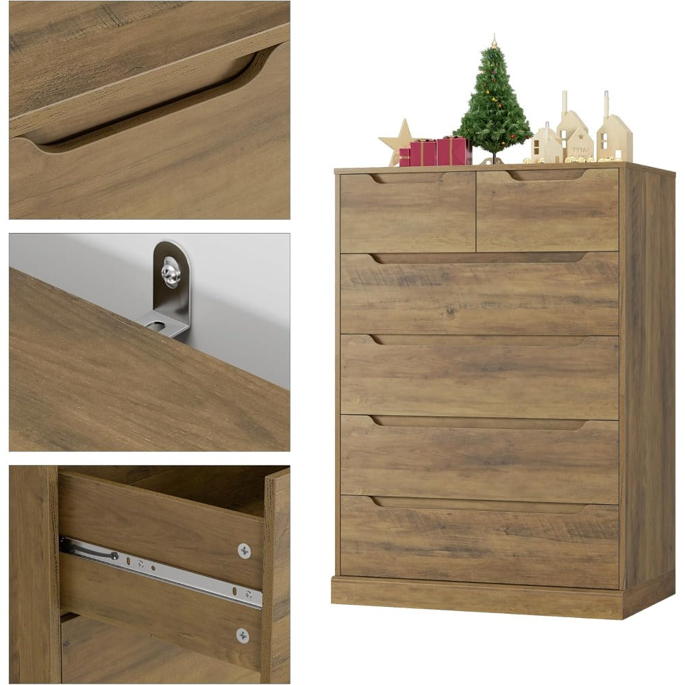 Modern 6 Drawer Dresser for Bedroom, Tall Chest of Drawers with Storage, Large Wood Storage Chest Organizers with Cut-Ou