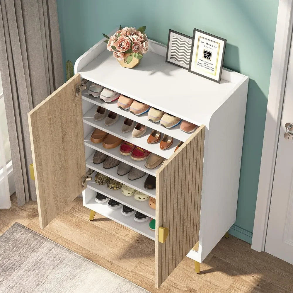Shoe Cabinet with Doors, 7-Tier Shoe Storage Cabinet with Adjustable Shelves, Wooden Shoes Rack Shoe Storage Organize