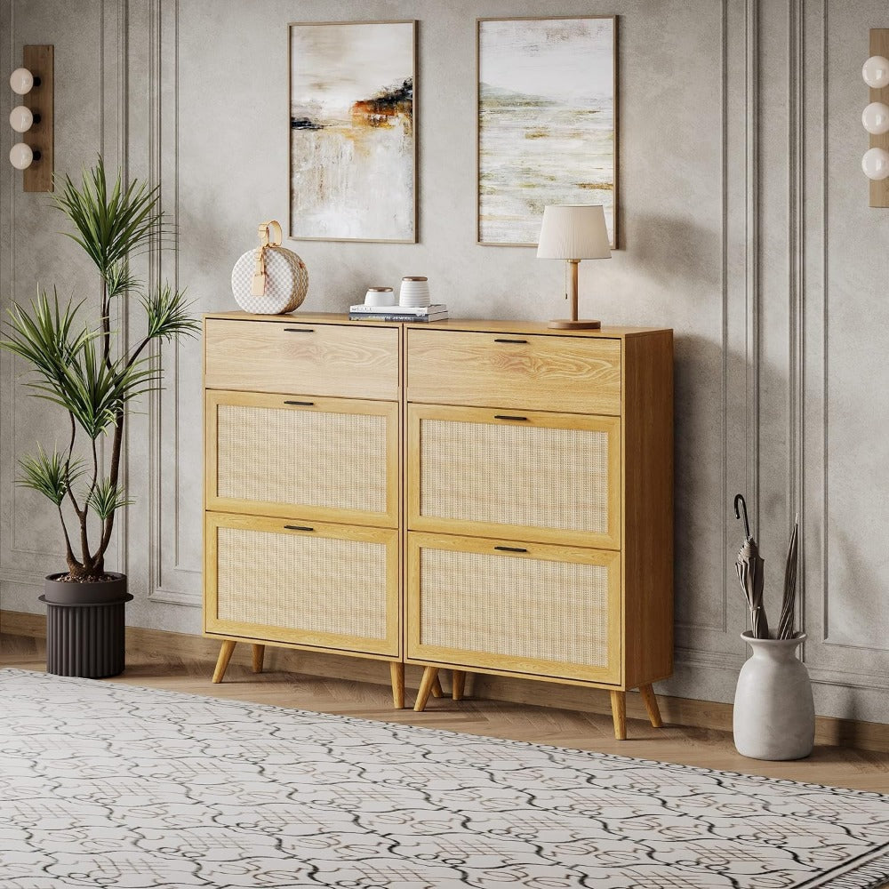Shoe Cabinet, Entryway Shoe Cabinet with 2 Flip Drawers and Hidden Cabinet, Boho Shoe Organizer Cabinet, Wooden Shoe Storage