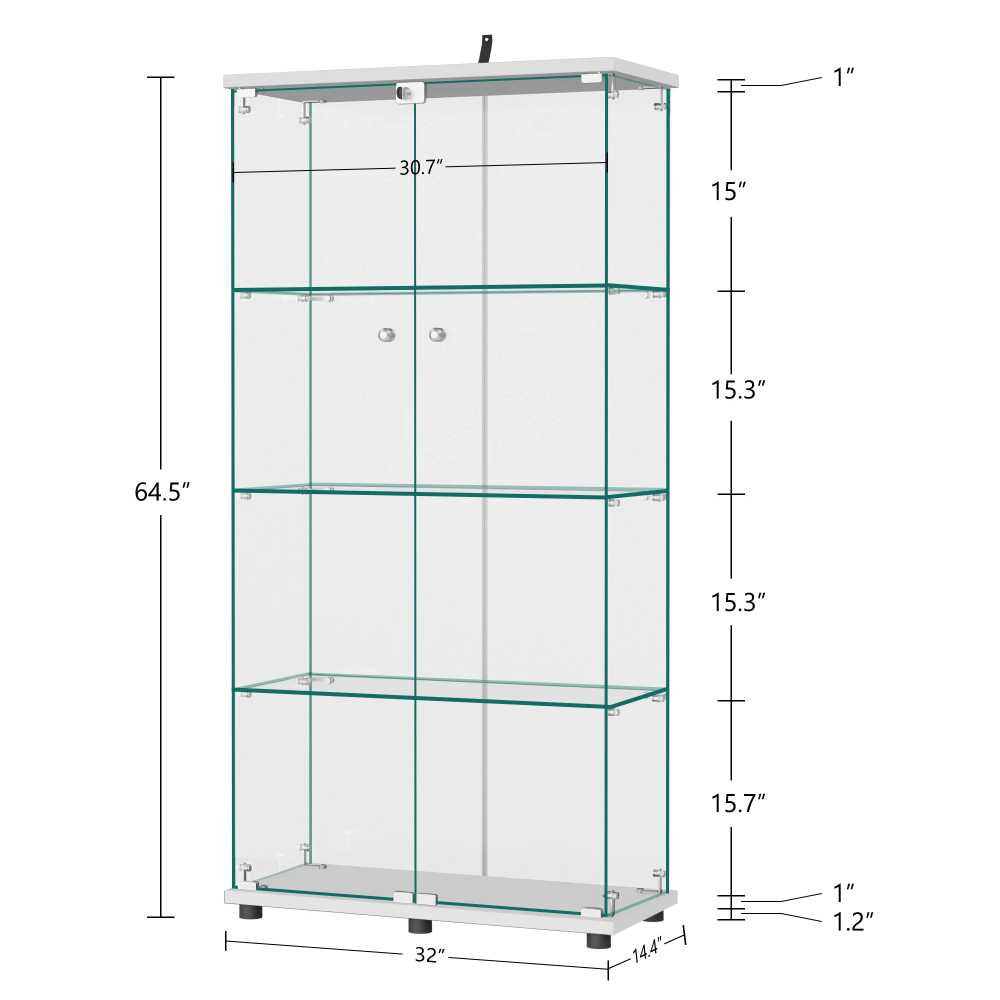 Glass Display Cabinet with Double Door, 4-Tier Curio Cabinet Collection Showcase, White, 64.5"x32"x14.4"
