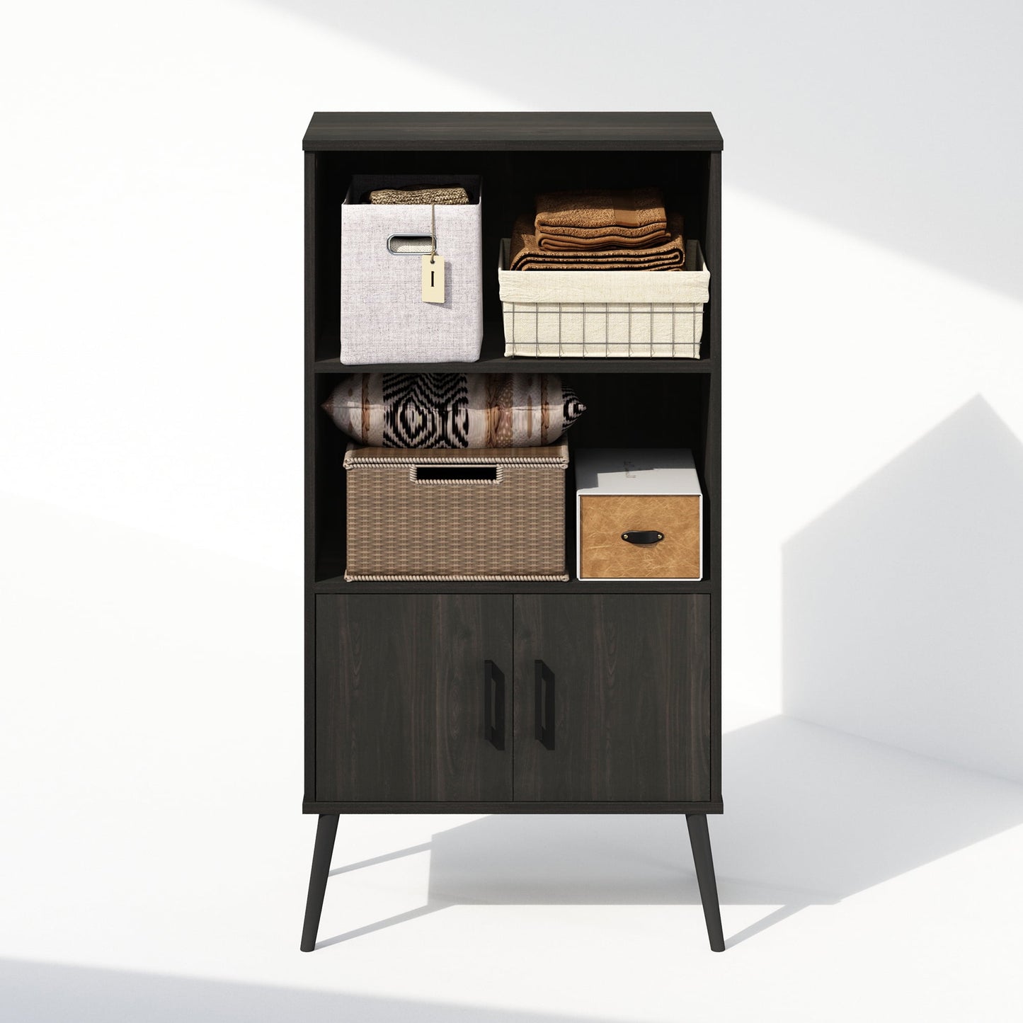 Mid-Century Open Display Shelves & Storage Cabinet with Wooden Legs, Espresso