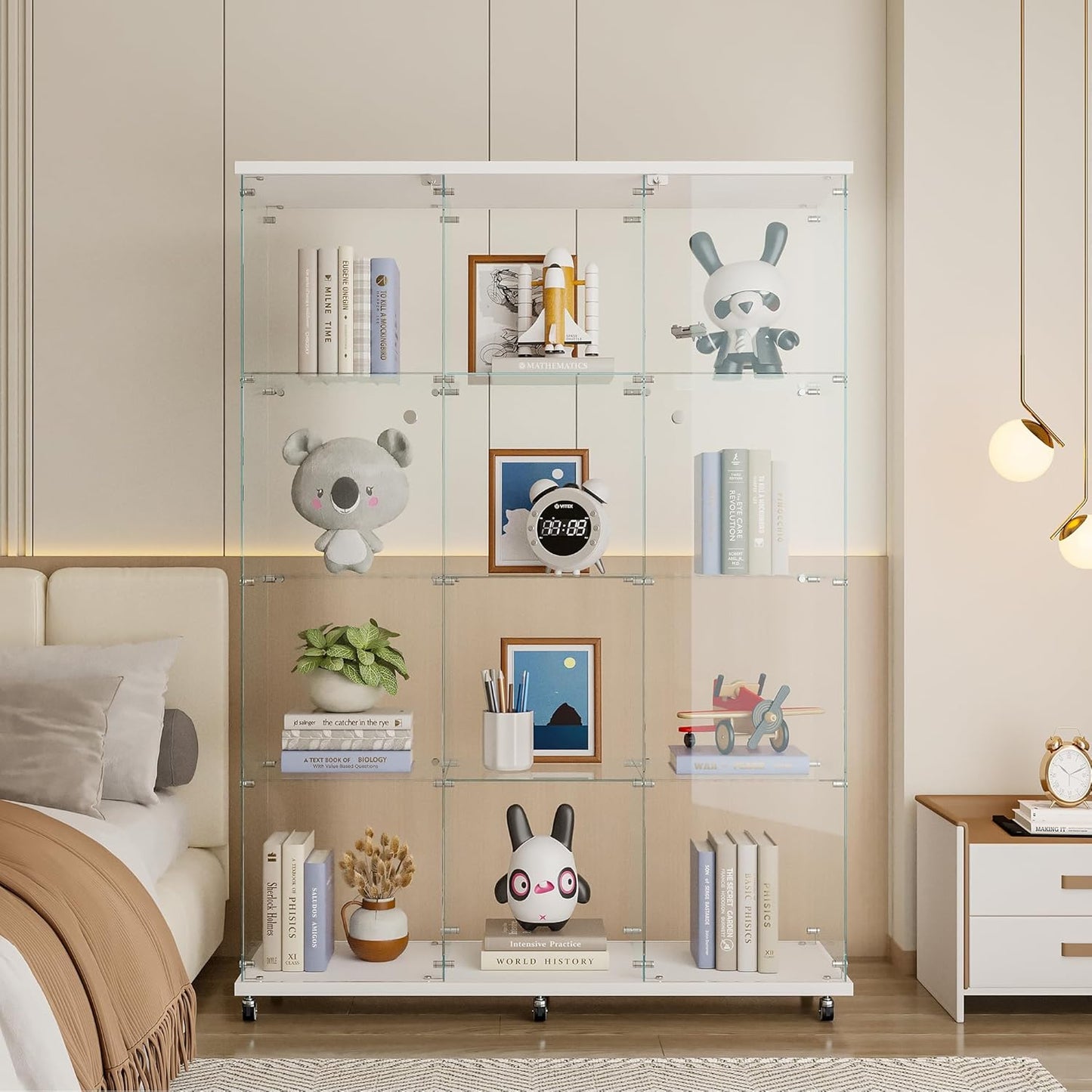 Glass Display Cabinet with 4 Shelves,Trophy Showcase,Floor Standing Curio Bookshelf