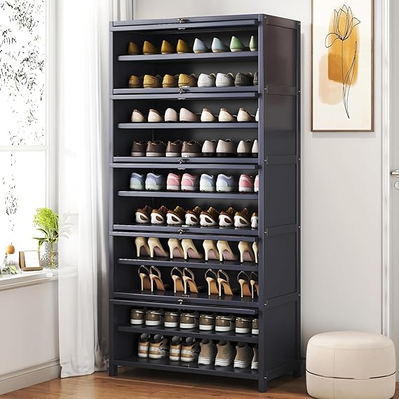 11 Tier Bamboo Shoe Storage Cabinet with Doors, 40-45 Pairs Free Standing Shoe Racks for Closet, Entryway Shoes Rack Organizer f