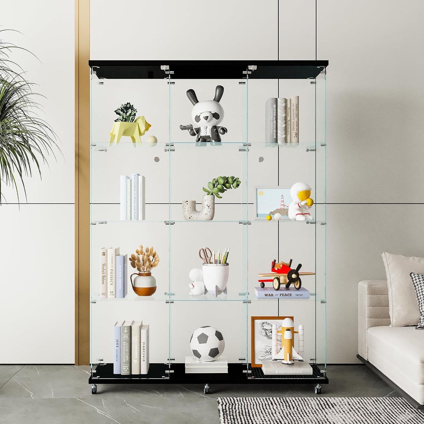 Glass Display Cabinet with 4 Shelves,Trophy Showcase,Floor Standing Curio Bookshelf