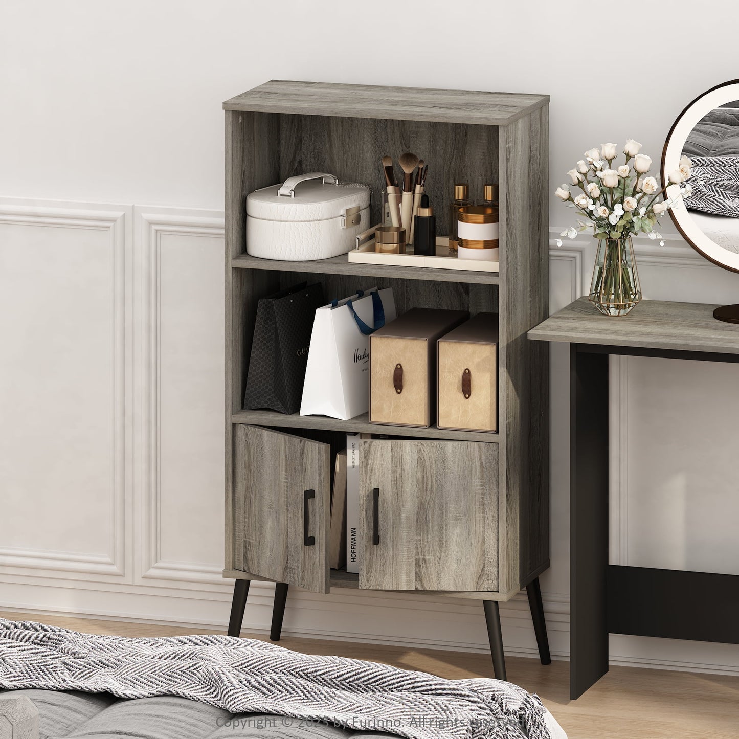Mid-Century Open Display Shelves & Storage Cabinet with Wooden Legs, Espresso