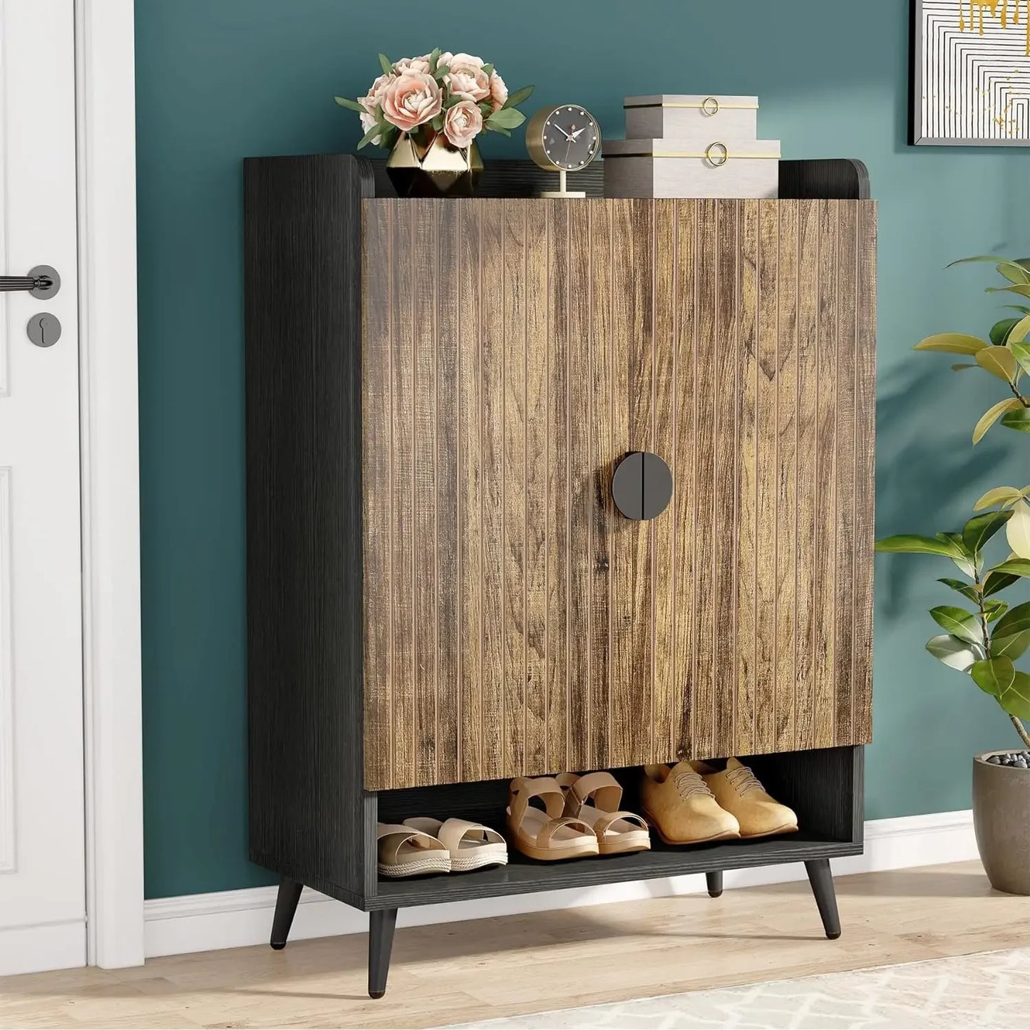Shoe Cabinet with Doors, 7-Tier Shoe Storage Cabinet with Adjustable Shelves, Wooden Shoes Rack Shoe Storage Organize