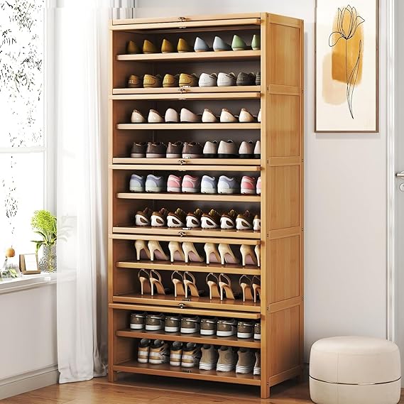 11 Tier Bamboo Shoe Storage Cabinet with Doors, 40-45 Pairs Free Standing Shoe Racks for Closet, Entryway Shoes Rack Organizer f