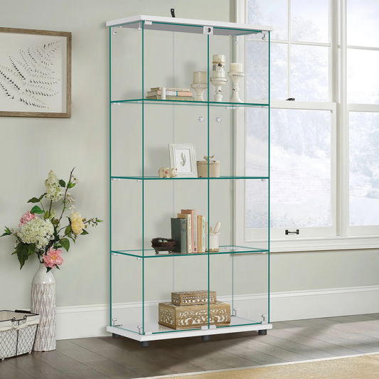 Glass Display Cabinet with Double Door, 4-Tier Curio Cabinet Collection Showcase, White, 64.5"x32"x14.4"