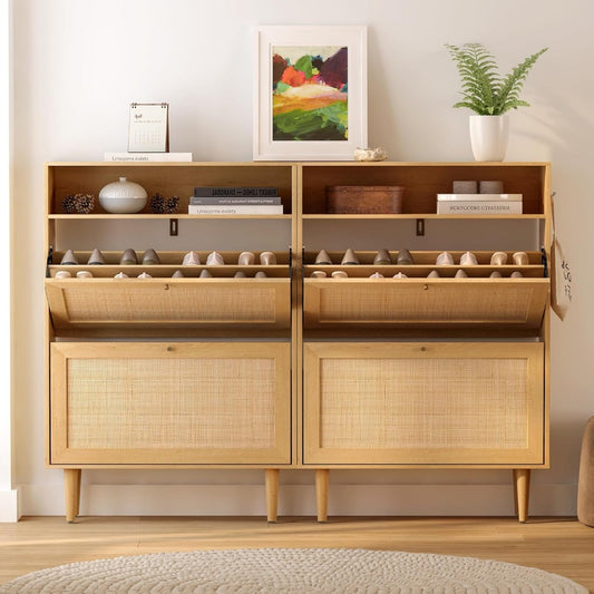 Narrow Shoe Cabinet Set of 2, Wooden Rattan Slim Shoe Storage Organizer with with 2 Flip Drawers & Open Compartment, Freestandin