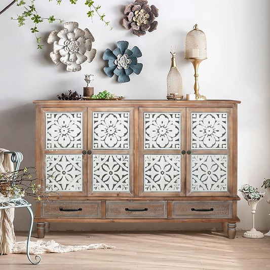 Accent Cabinet with 4 Doors & 3 Drawers, Hollow Carved Storage Sideboard, Wood Buffet Cabinet for Living Room, Dining Room