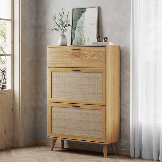 Shoe Cabinet, Entryway Shoe Cabinet with 2 Flip Drawers and Hidden Cabinet, Boho Shoe Organizer Cabinet, Wooden Shoe Storage