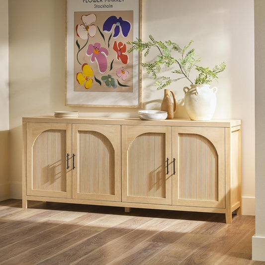 Modern 70" Reeded Sideboard, Credenza with Doors for Kitchen, Dining Room, Media and Game Storage, Buffet Cabinet