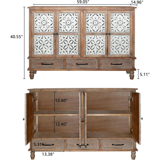 Accent Cabinet with 4 Doors & 3 Drawers, Hollow Carved Storage Sideboard, Wood Buffet Cabinet for Living Room, Dining Room
