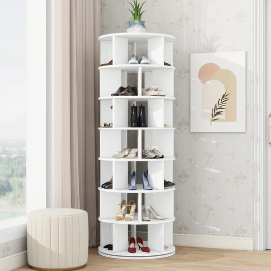 ON-TREND Φ23.6'' Rotating Shoe Rack Tower, 7-Tier Spinning Shoe Shelf with 5 Grids Per Layer, Display Rack, 360° Revolving Shoe