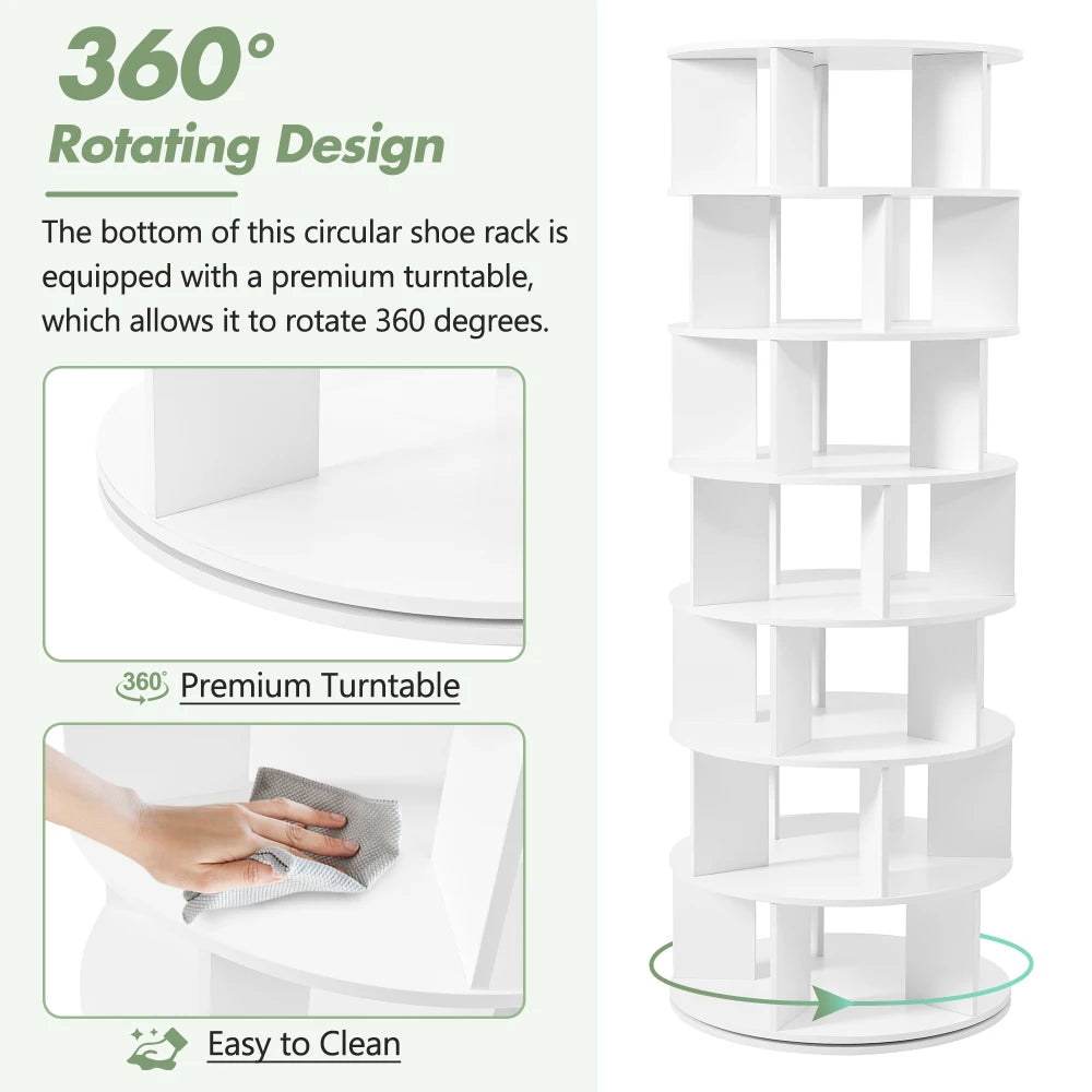 ON-TREND Φ23.6'' Rotating Shoe Rack Tower, 7-Tier Spinning Shoe Shelf with 5 Grids Per Layer, Display Rack, 360° Revolving Shoe