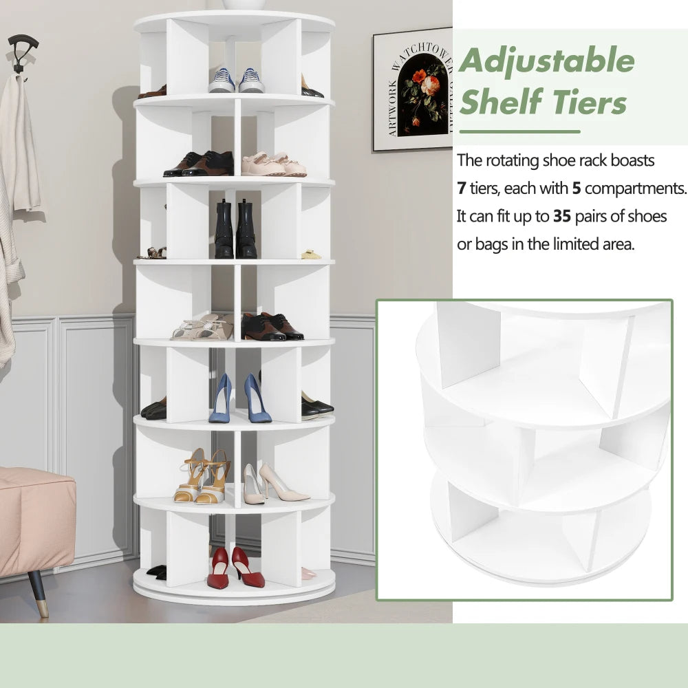 ON-TREND Φ23.6'' Rotating Shoe Rack Tower, 7-Tier Spinning Shoe Shelf with 5 Grids Per Layer, Display Rack, 360° Revolving Shoe